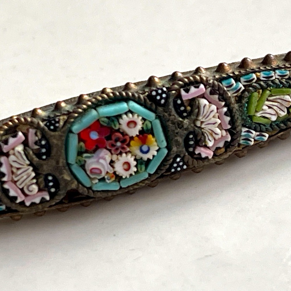 Italian Victorian Era Micro Mosaic Brass Bar Brooch